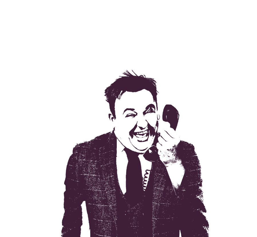 Het HEY!Tjappie-personage: een lachende man met een telefoon