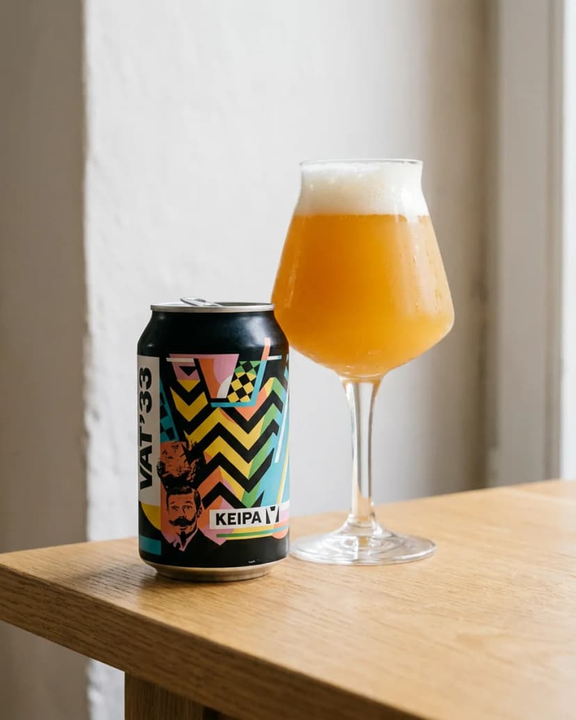 Blik KEIPA naast een Teku-glas met hazy IPA op een houten tafel