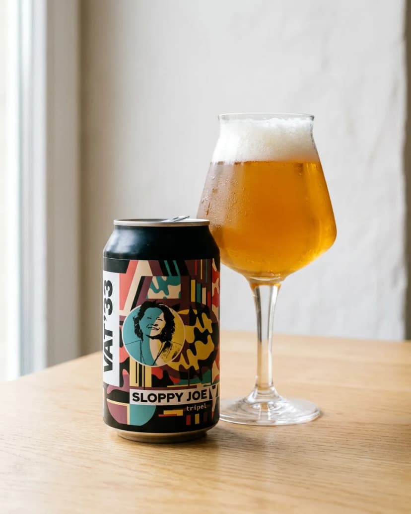 Blik Sloppy Joe naast een tulpglas met amberkleurige tripel