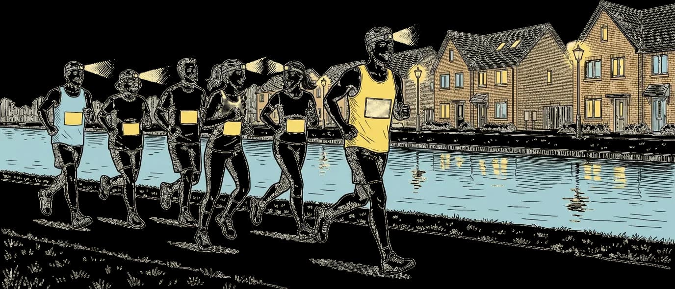 Tekening: een groep lopers met hoofdlampjes langs het water in Vathorst, op een woensdagavond.