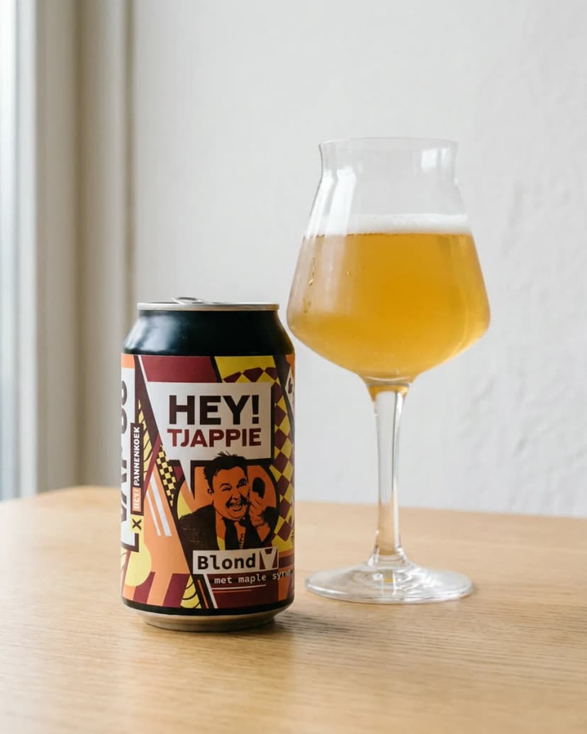 Blik HEY!Tjappie naast een tulpglas met blond bier