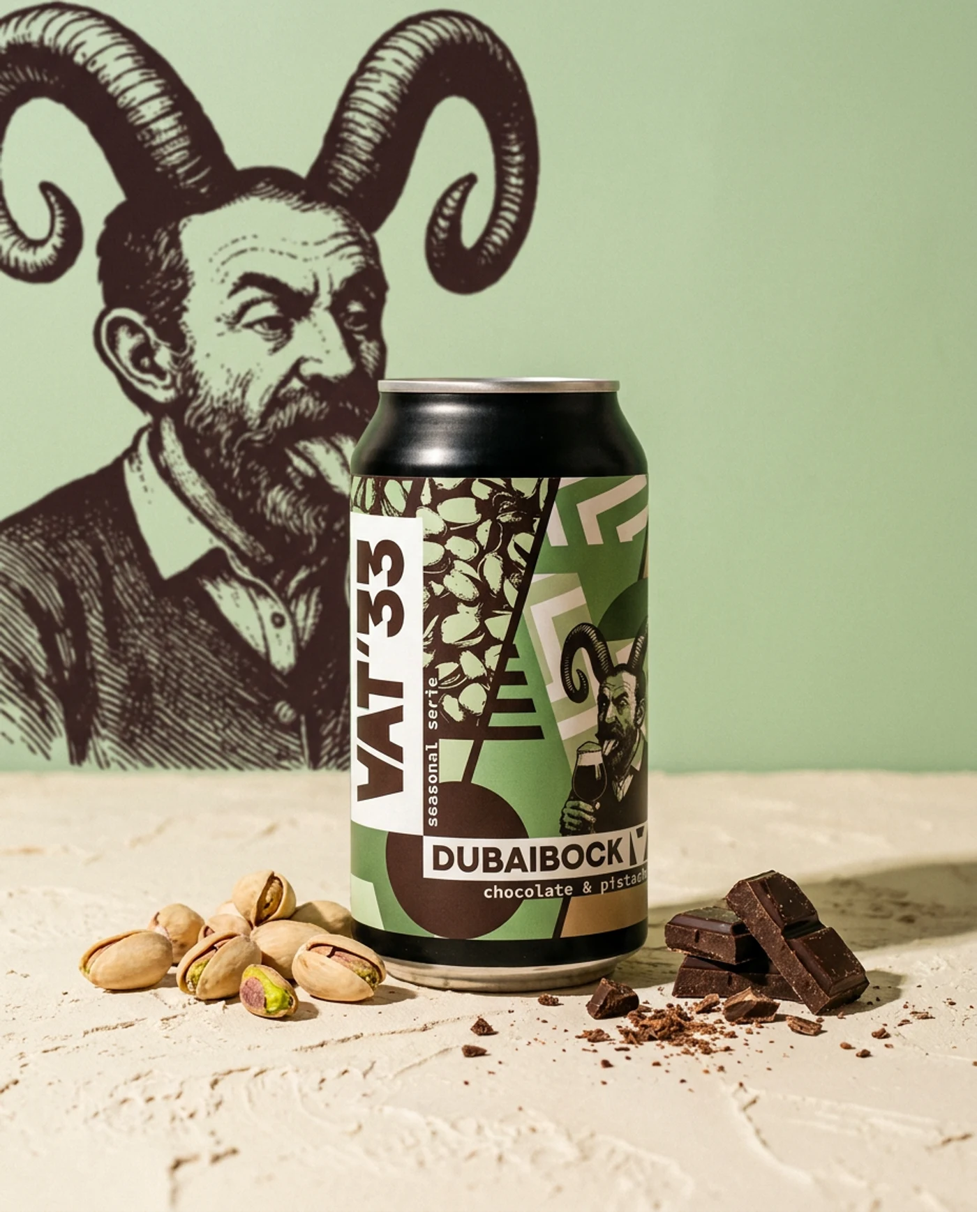 VAT'33 Dubaibock — blik van 33 cl met pistaches en chocolade