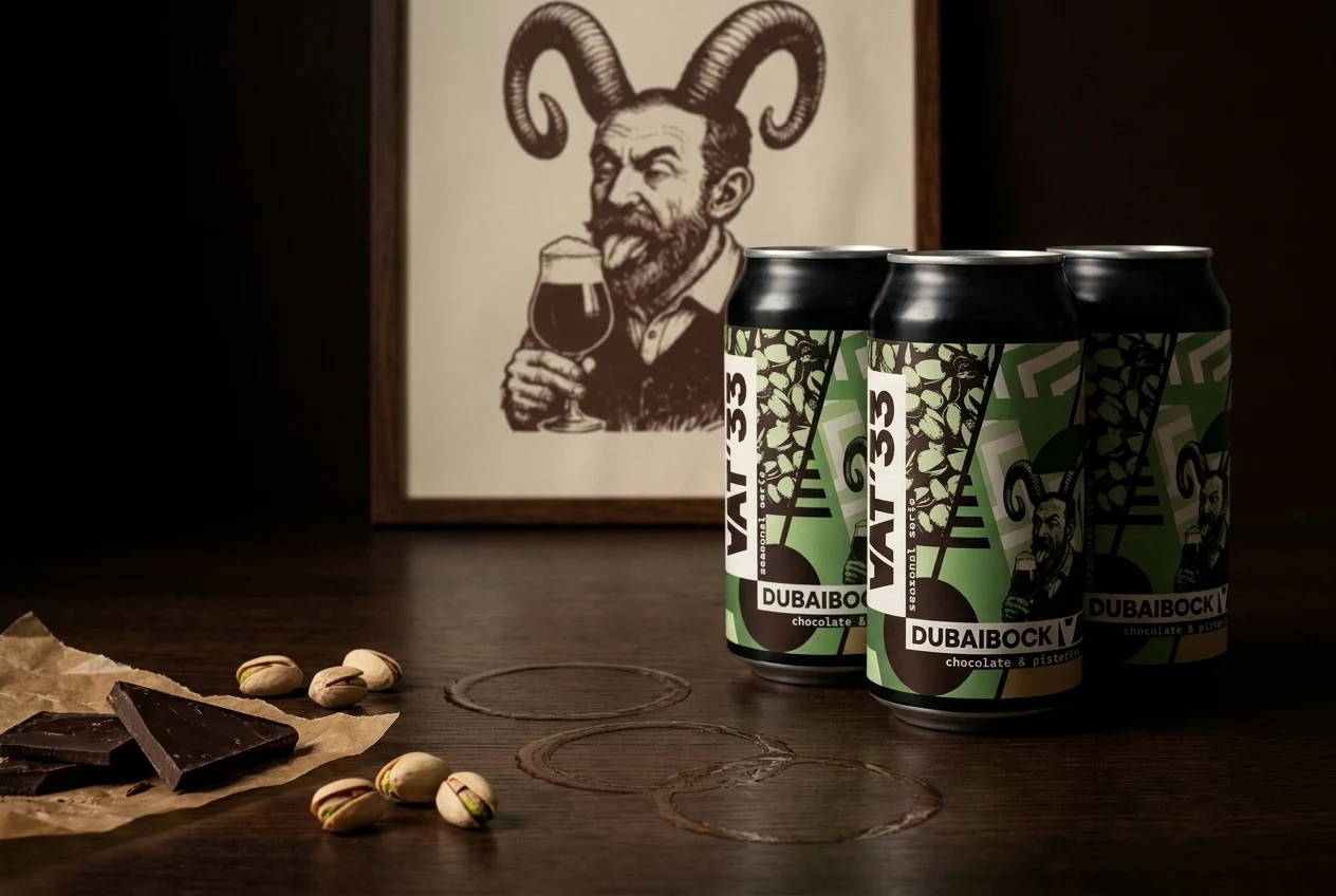 Blikken VAT'33 Dubaibock op een donkere tafel, met pistaches en chocolade
