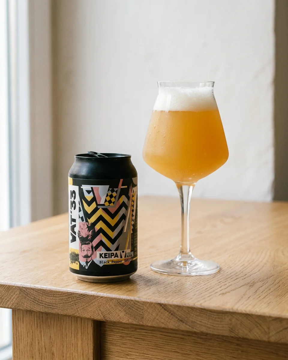 Blik alcoholvrije KEIPA Black Pepper naast een Teku-glas